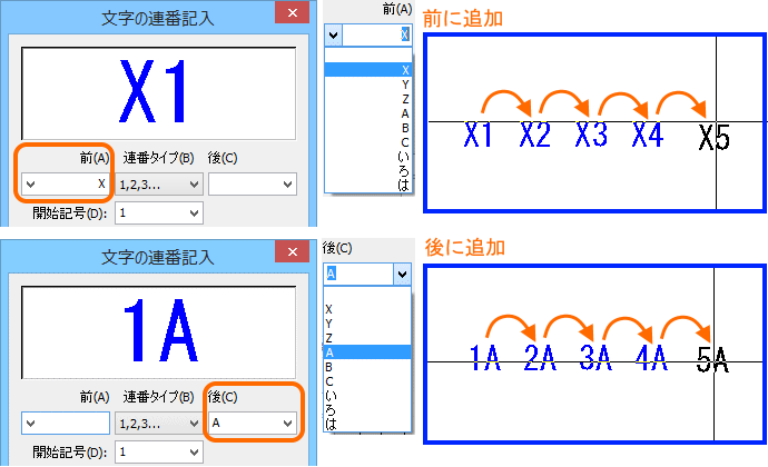 連番文字の前または後に別の文字を追加、連番文字は1つずつ繰り上げる