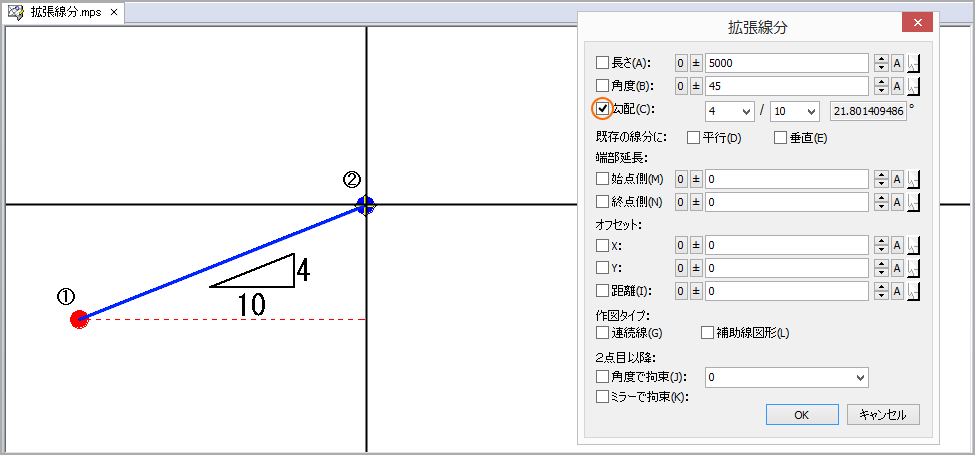 角度を勾配で指定して線分を描きたい